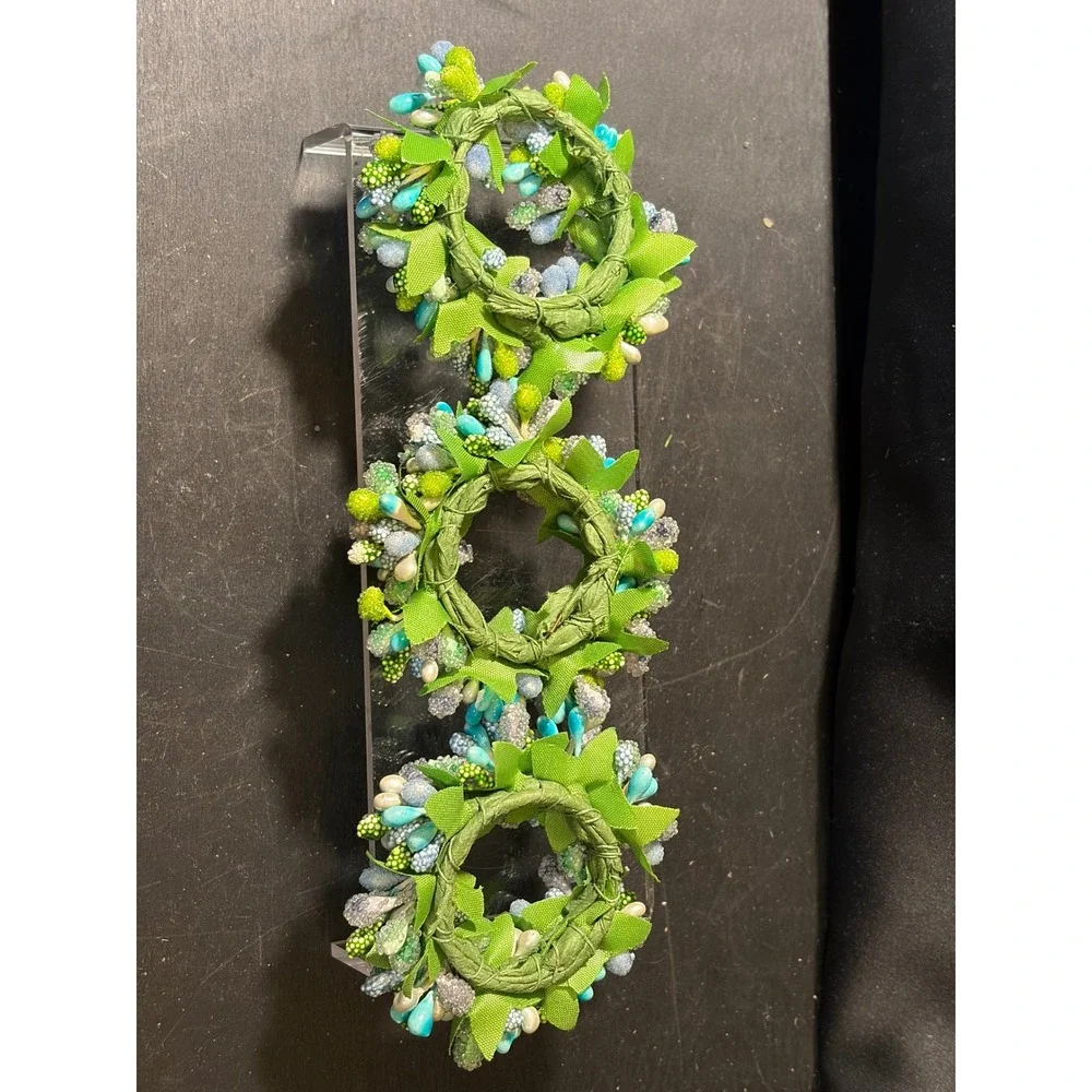 Set of 3 Beaded Berry Napkin Rings Teal Silver Green Botanical Table Decor